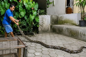 Ular Piton 3 Meter Masuk Kandang Ayam di Bunulrejo Malang, Ayam Jago Mati Dibelit